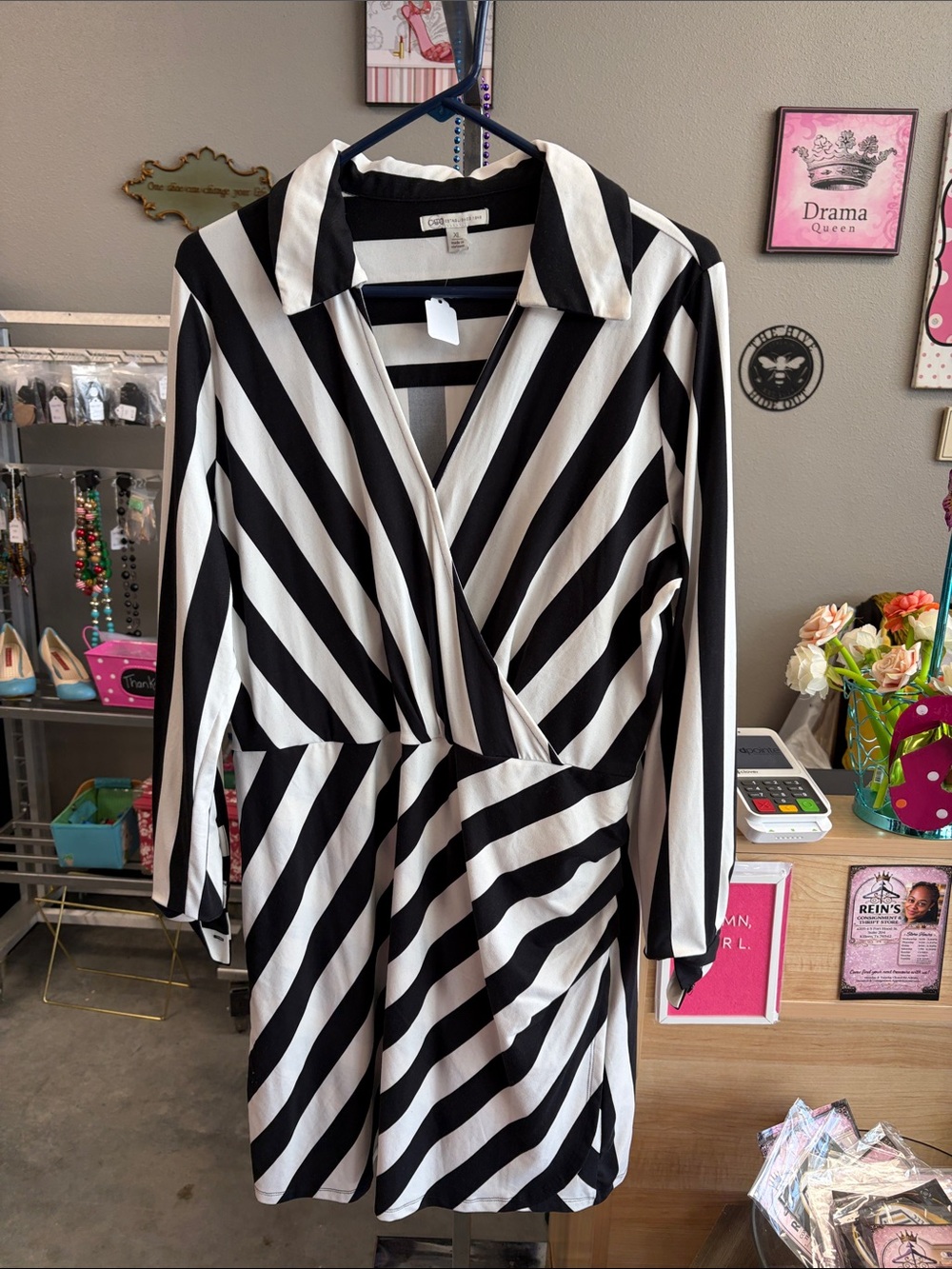 Cato Black and White Diagonal Stripe Long Sleeve Dress